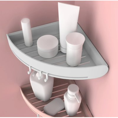 Suport/raft autoadeziv de colt pentru baie cu 3 carlige roz