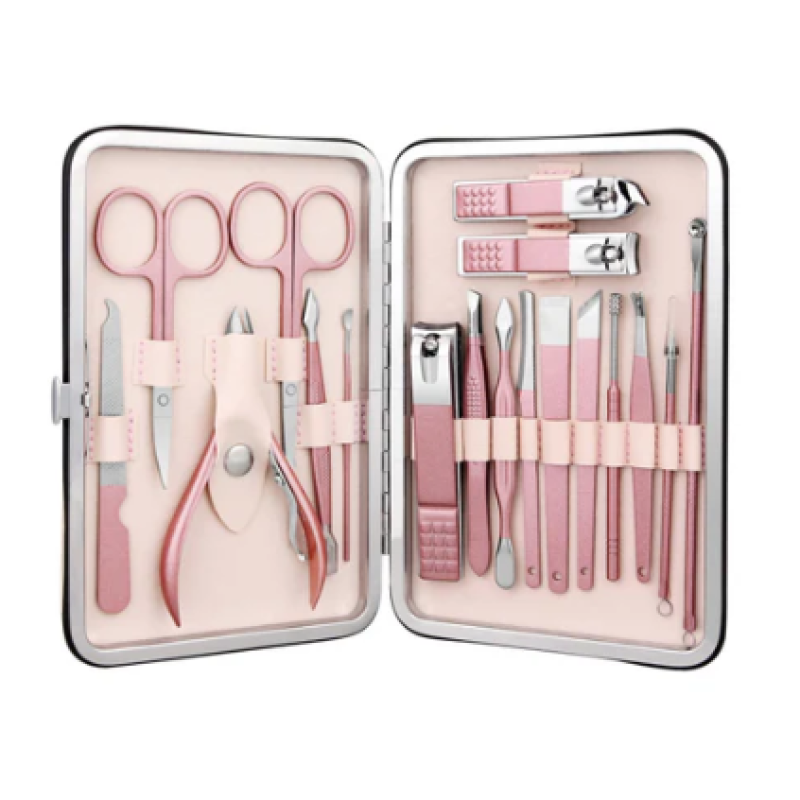 Trusa completa Mani Pedi de 18 piese din OTEL Inoxidabil si Accesorii Pentru Ingrijire Faciala ROZ