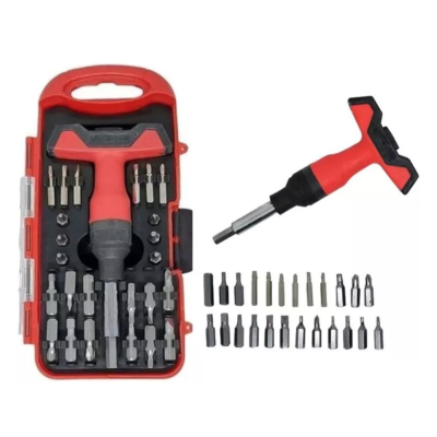 Trusa surubelnita rosie cu maner 25 piese biti de precizie