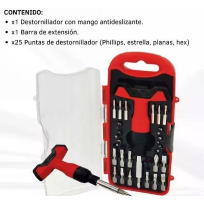 Trusa surubelnita rosie cu maner 25 piese biti de precizie