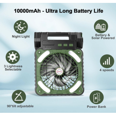 Ventilator de camping cu baterie de 10400Mah solar pentru exterior cu lumina led cu 4 viteze