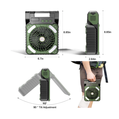 Ventilator de camping cu baterie de 10400Mah solar pentru exterior cu lumina led cu 4 viteze