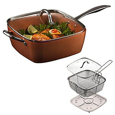 Tigaie patrata multifunctionala cu capac, manere de inox si sita pentru prajit, 5 piese