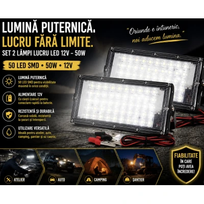Set 2 Lampa Lucru 12v 50W 50 LED SMD Clesti CaiCai Proiector AUTO