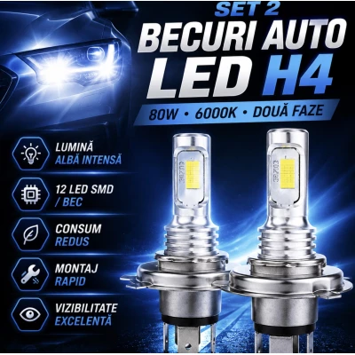 Set 2 Becuri auto H4 3570 cu doua faze 12 LED SMD putere 80W temperatura 6000K