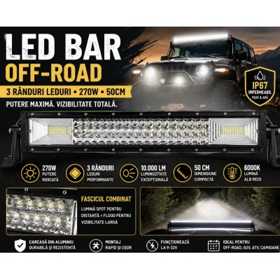 LED Bar Off Road, 3 Randuri Leduri, 270W, 50cm
