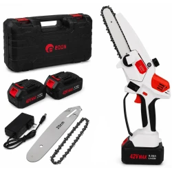 UB Mini fierastrau Edon MX294 Profesional 2 acumulatori 42 V 8Ah rezervor ulei sistem ungere lant lama 20 cm NEGRU CU PORTOCALIU