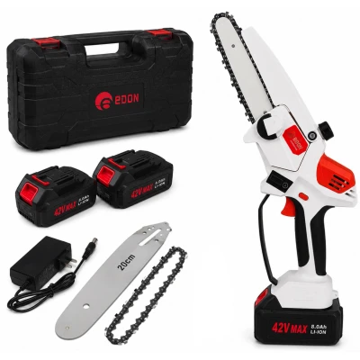 UB Mini fierastrau Edon MX294 Profesional 2 acumulatori 42 V 8Ah rezervor ulei sistem ungere lant lama 20 cm NEGRU CU PORTOCALIU