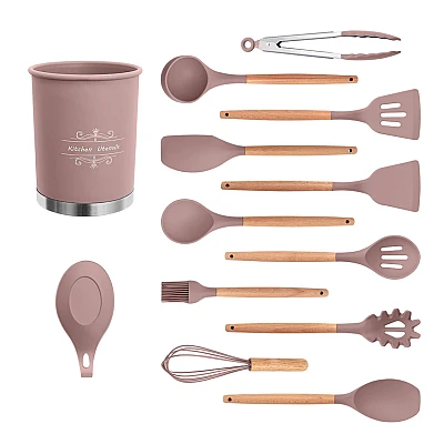 Set 12 ustensile de bucătărie cu mâner de lemn roz Set 12 ustensile de bucătărie cu mâner de lemn roz