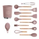Set 12 ustensile de bucătărie cu mâner de lemn roz