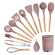 Set 12 ustensile de bucătărie cu mâner de lemn roz
