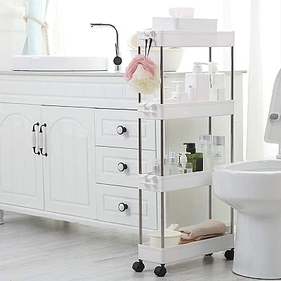 Suport depozitare cu 4 rafturi tip carucior modular pentru baie sau bucatarie Suport depozitare cu 4 rafturi tip carucior modular pentru baie sau bucatarie