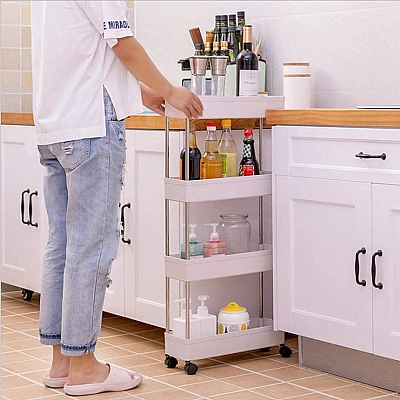 Suport depozitare cu 4 rafturi tip carucior modular pentru baie sau bucatarie Suport depozitare cu 4 rafturi tip carucior modular pentru baie sau bucatarie