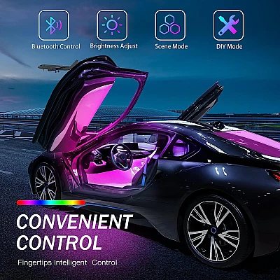 Set 4 benzi 9 LED cu lumina ambientale pentru auto si telecomanda RGB Set 4 benzi 9 LED cu lumina ambientale pentru auto si telecomanda RGB