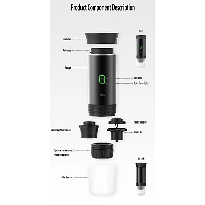 Aparat de cafea espresso portabil electric cu autoincalzire 60 ml cafea macinata capsule