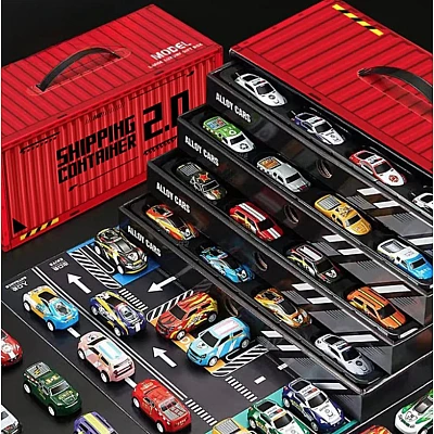 Set de masini cu 48 de piese cu cutie container si sina imprimata