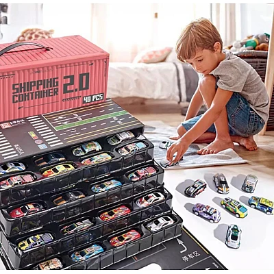 Set de masini cu 48 de piese cu cutie container si sina imprimata
