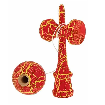 Kendama profesionala din lemn 18 cm model clasic cu design crapat culoare Rosu/Galben