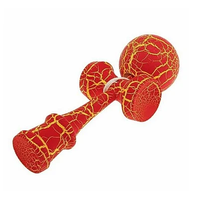 Kendama profesionala din lemn 18 cm model clasic cu design crapat culoare Rosu/Galben
