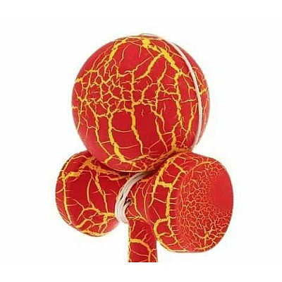 Kendama profesionala din lemn 18 cm model clasic cu design crapat culoare Rosu/Galben