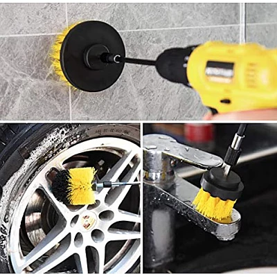 Set 3 perii pentru curatare universale cu adaptor pentru bormasina galbene Set 3 perii pentru curatare universale cu adaptor pentru bormasina galbene