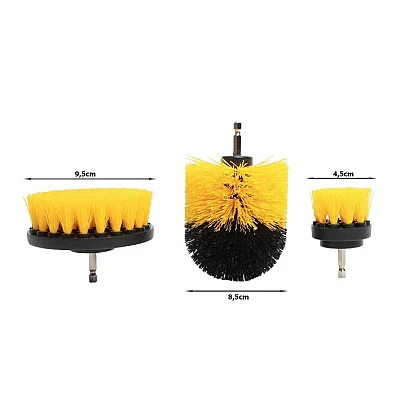 Set 3 perii pentru curatare universale cu adaptor pentru bormasina galbene Set 3 perii pentru curatare universale cu adaptor pentru bormasina galbene