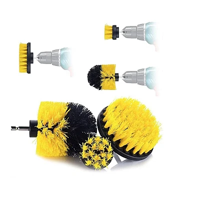 Set 3 perii pentru curatare universale cu adaptor pentru bormasina galbene Set 3 perii pentru curatare universale cu adaptor pentru bormasina galbene