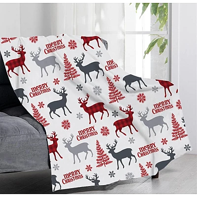 Patura Christmas 150x200cm design fulgi de zapada si brad si reni colorata Patura Christmas 150x200cm design fulgi de zapada si brad si reni colorata