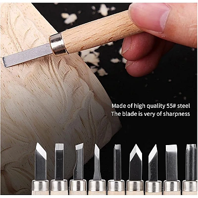 Set 12 mini dalti sculptura lemn lut și ceară cu maner de lemn Set 12 mini dalti sculptura lemn lut și ceară cu maner de lemn