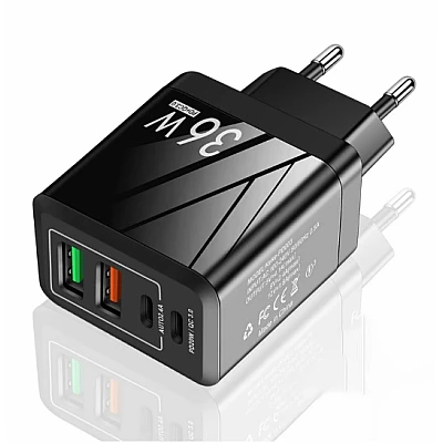 Adaptor Alimentare NEGRU 2 USB + 2 USB C 36W Incarcator Rapid si Cablu Type C Adaptor Alimentare NEGRU 2 USB + 2 USB C 36W Incarcator Rapid si Cablu Type C