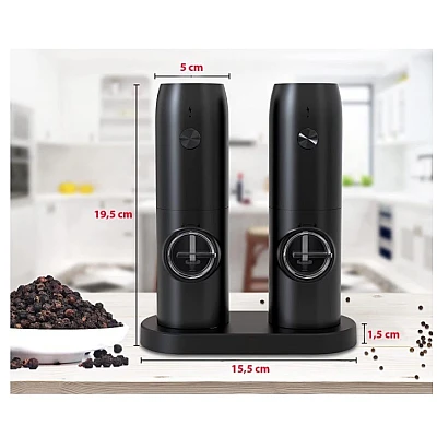 Set 2 rasnite Electrice Sare si Piper cu Stand incarcare USB