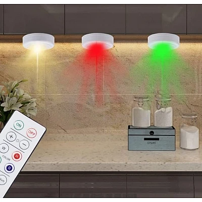 Set 3 Lumini pentru dulap Rotunde cu 5 moduri de iluminare si Telecomanda Set 3 Lumini pentru dulap Rotunde cu 5 moduri de iluminare si Telecomanda