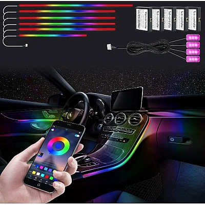 Kit Lumini Ambientale interior auto 6 in 1 RGB cu Aplicatie Kit Lumini Ambientale interior auto 6 in 1 RGB cu Aplicatie