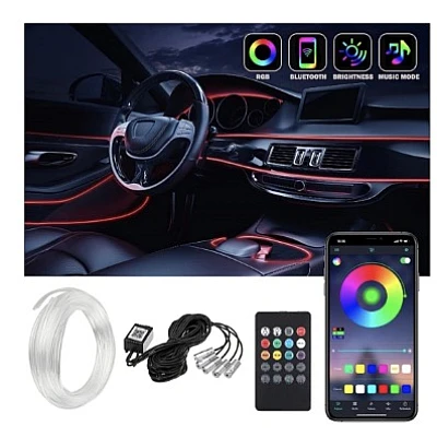 Kit Lumini ambientale auto 5 LED x 6 m neon RGB, aplicatie prin Bluetooth Kit Lumini ambientale auto 5 LED x 6 m neon RGB, aplicatie prin Bluetooth