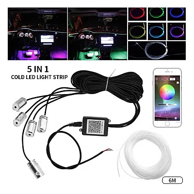 Kit Lumini ambientale auto 5 LED x 6 m neon RGB, aplicatie prin Bluetooth Kit Lumini ambientale auto 5 LED x 6 m neon RGB, aplicatie prin Bluetooth