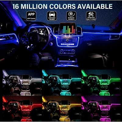 Kit Lumini ambientale auto 5 LED x 6 m neon RGB, aplicatie prin Bluetooth Kit Lumini ambientale auto 5 LED x 6 m neon RGB, aplicatie prin Bluetooth