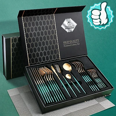 Set de 24 piese tacamuri in stil portughez- culoare verde si auriu Set de 24 piese tacamuri in stil portughez- culoare verde si auriu