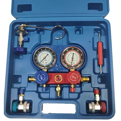 Trusa verificat AC cu 2 manometre 2 Robineti 2 mufe si 3 furtune 90cm pentru aer conditionat / Freon Trusa verificat AC cu 2 manometre 2 Robineti 2 mufe si 3 furtune 90cm pentru aer conditionat / Freon