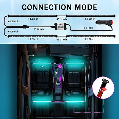 Set 4 benzi 9 LED cu lumina ambientale pentru auto si telecomanda RGB Set 4 benzi 9 LED cu lumina ambientale pentru auto si telecomanda RGB