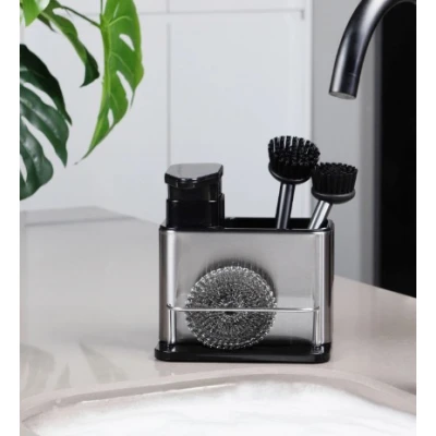Organizator bucatarie cu dozator detergent si suport burete argintiu cu negru