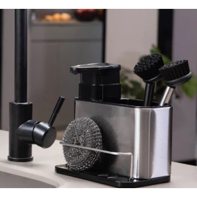 Organizator bucatarie cu dozator detergent si suport burete argintiu cu negru
