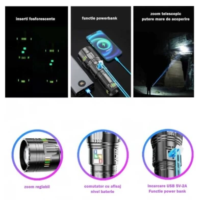 Lanterna profesionala BL G601 fiabilitate 4 acumulatori 18650 Incarcare USB