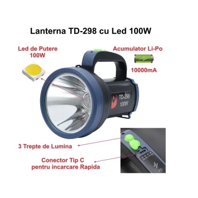 Lanterna de mana TD 298 cu Led 100W si 3 Faze de Lumina