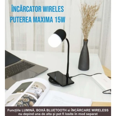 Lampa de birou cu incarcator wireless pentru telefon cu boxa bluetooth pliabila
