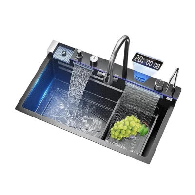 Chiuveta multifunctionala de bucatarie negru grafit cu 2 cascade robinet cascada afisaj digital temperatura 750x450