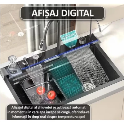 Chiuveta multifunctionala de bucatarie negru grafit cu 2 cascade robinet cascada afisaj digital temperatura 750x450