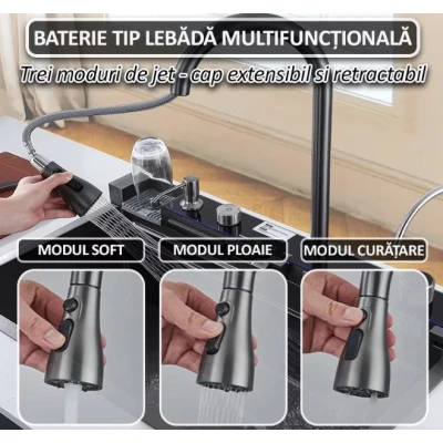 Chiuveta multifunctionala de bucatarie negru grafit cu 2 cascade robinet cascada afisaj digital temperatura 750x450