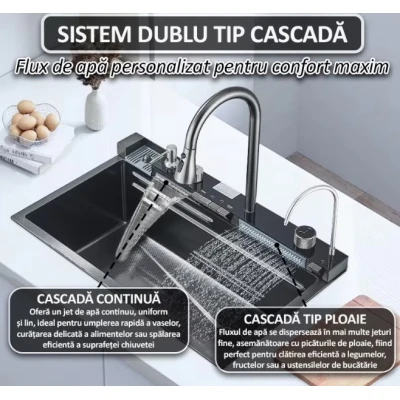 Chiuveta multifunctionala de bucatarie negru grafit cu 2 cascade robinet cascada afisaj digital temperatura 750x450