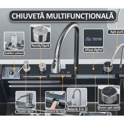 Chiuveta multifunctionala de bucatarie negru grafit cu 2 cascade robinet cascada afisaj digital temperatura 750x450