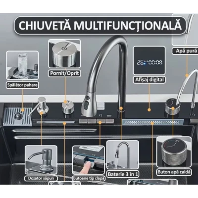 Chiuveta multifunctionala de bucatarie negru grafit cu 2 cascade robinet cascada afisaj digital temperatura 750x450